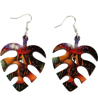 Earrings - Double sided sublimated banana leaf with mushroom pattern on hook