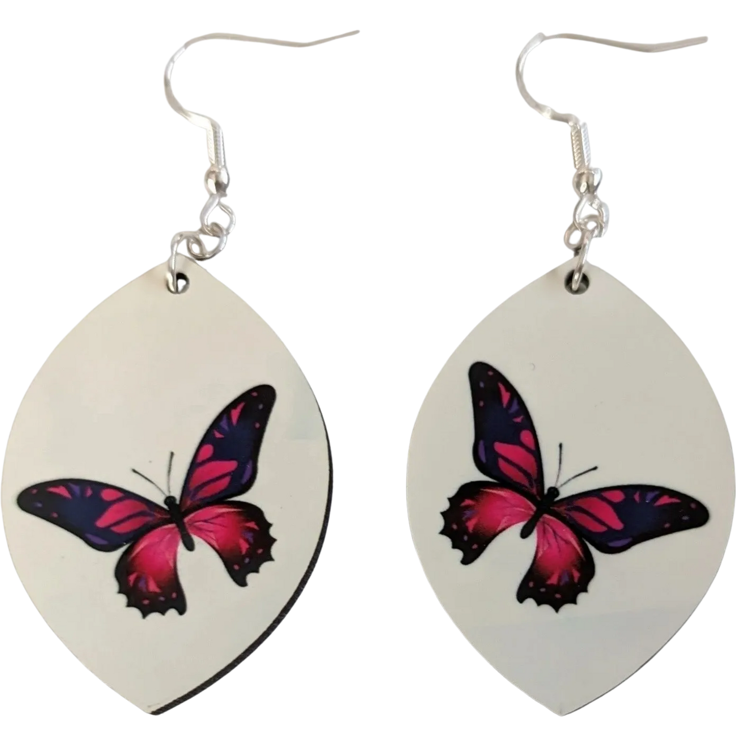 Earrings - Double sided sublimated leaf shape with butterfly on one side and mushroom on the other on hook