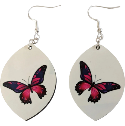 Earrings - Double sided sublimated leaf shape with butterfly on one side and mushroom on the other on hook