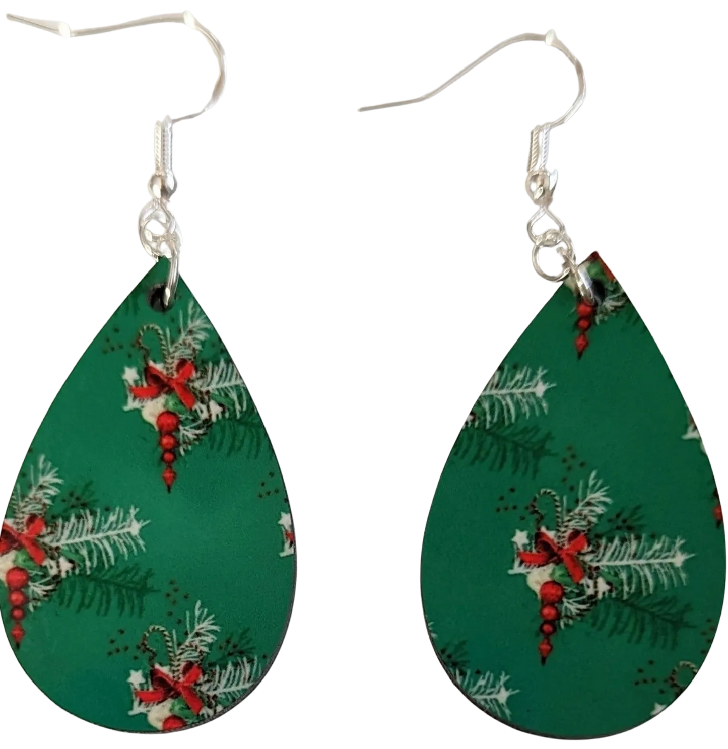 Earrings - Double sided sublimated red ornaments and green background image on silver hook