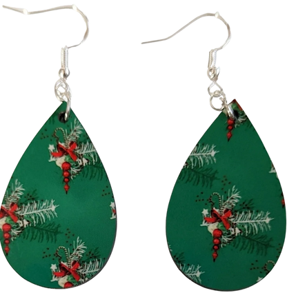 Earrings - Double sided sublimated red ornaments and green background image on silver hook