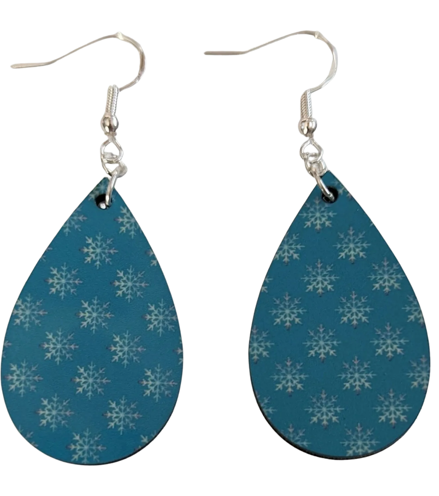 Earrings- Double sided sublimated white snowflakes on blue pattern image on silver hook