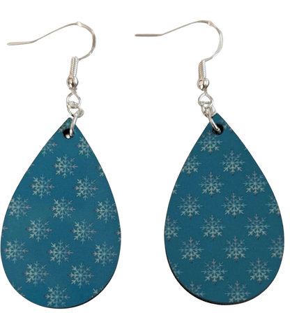 Earrings- Double sided sublimated white snowflakes on blue pattern image on silver hook