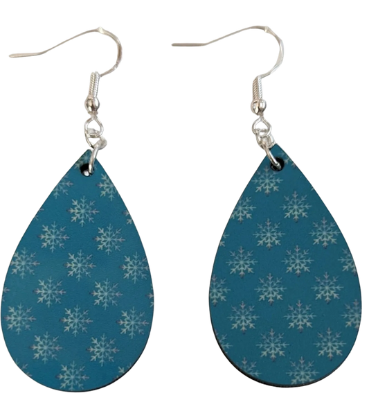 Earrings- Double sided sublimated white snowflakes on blue pattern image on silver hook