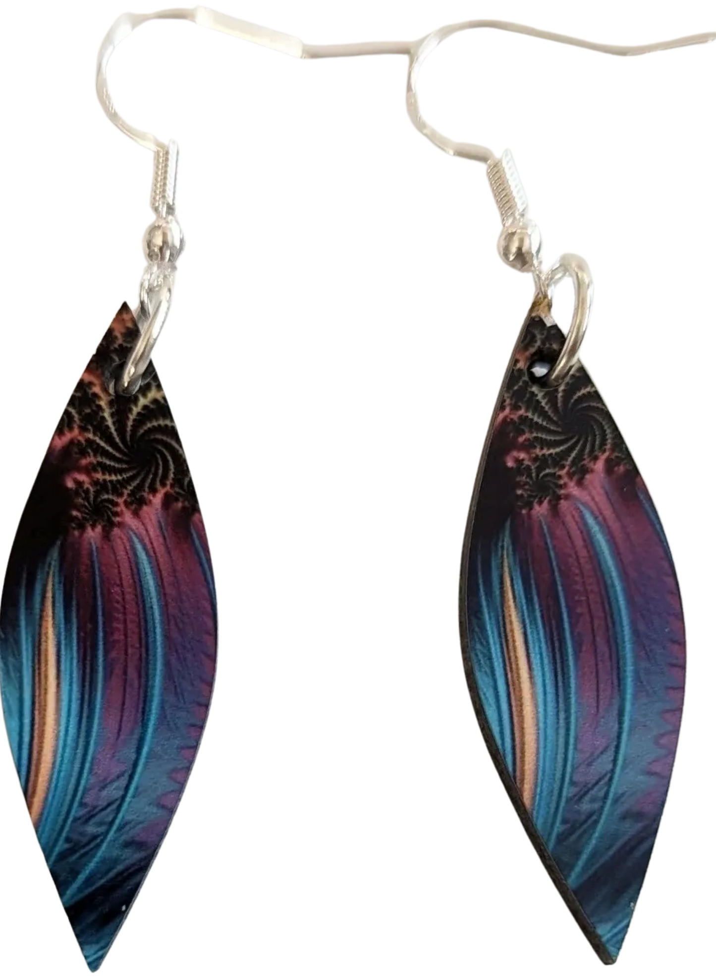 Earrings - Double sided sublimated slim leaf shape with abstract leopard feather image on hook