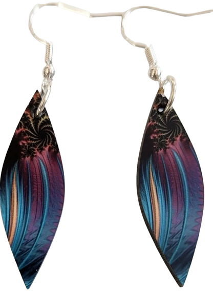 Earrings - Double sided sublimated slim leaf shape with abstract leopard feather image on hook