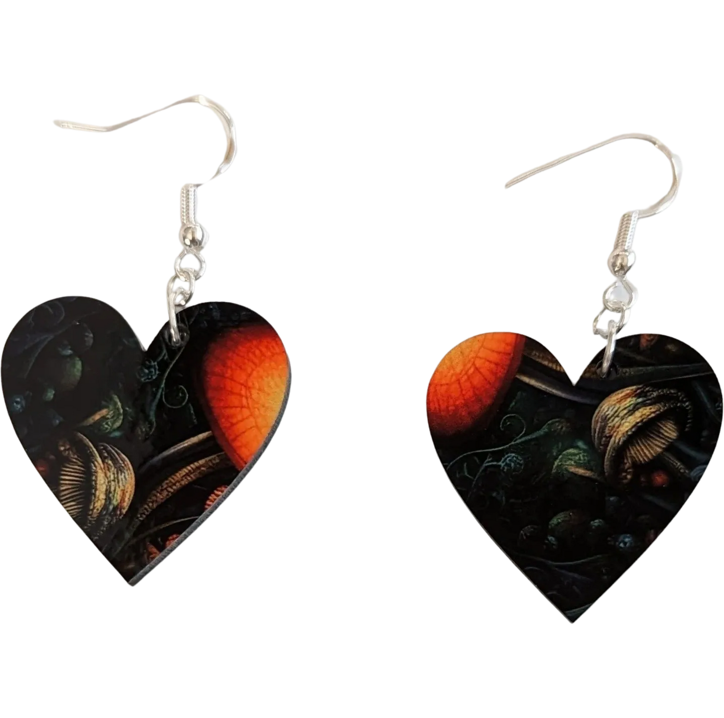 Earrings - Double sided heart with abstract mushroom image on hook