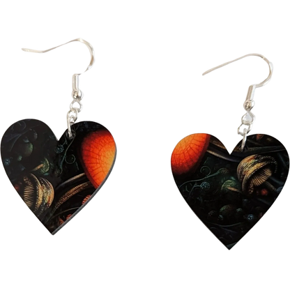 Earrings - Double sided heart with abstract mushroom image on hook