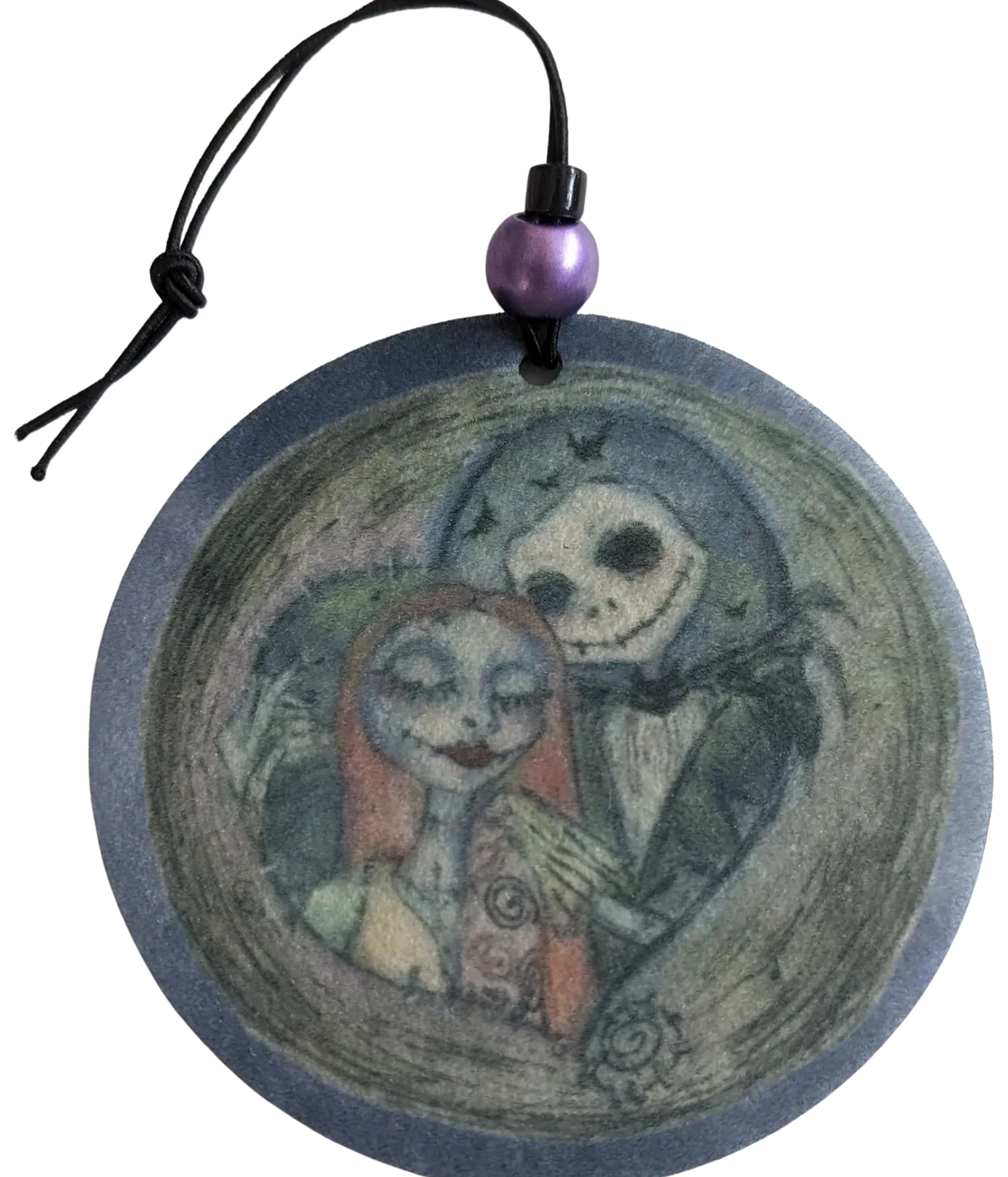 Car Ornament - Double sided round Jack & Sally in a heart from The Nightmare Before Christmas