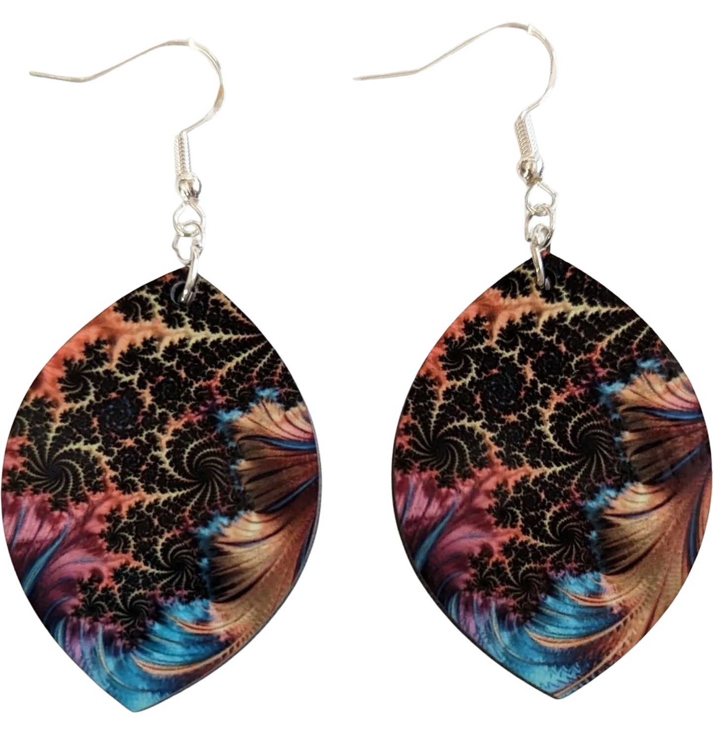 Earrings - Double sided sublimated leaf shape with abstract leopard feather image on hook