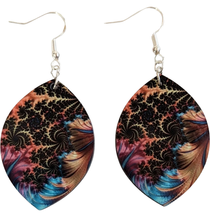 Earrings - Double sided sublimated leaf shape with abstract leopard feather image on hook