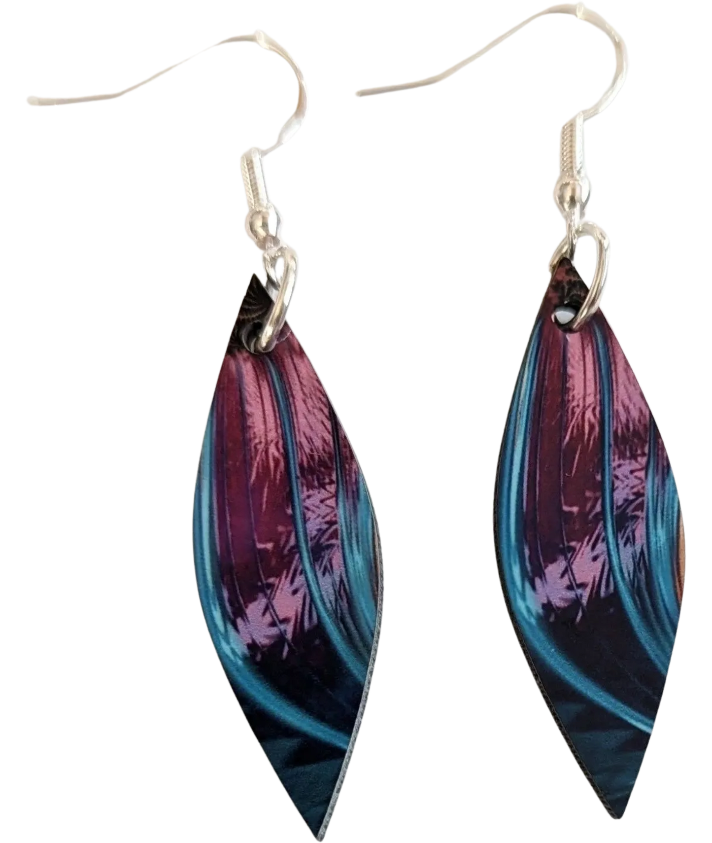 Earrings - Double sided sublimated slim leaf shape with abstract leopard feather image on hook