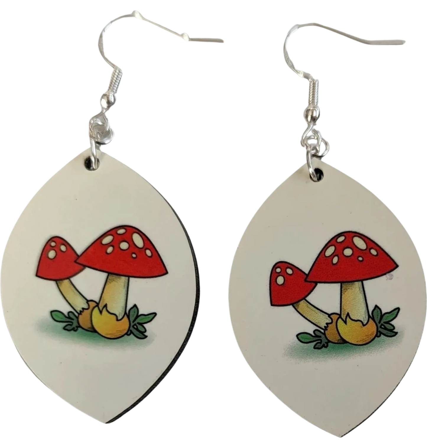 Earrings - Double sided sublimated leaf shape with butterfly on one side and mushroom on the other on hook