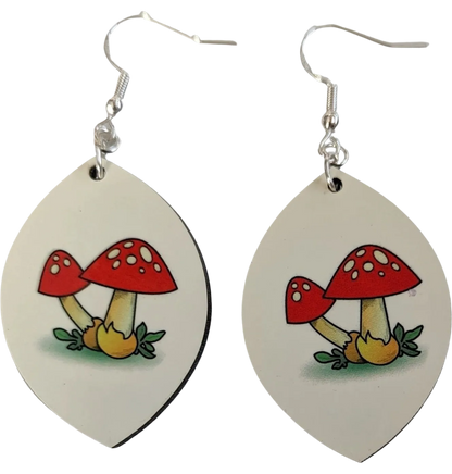 Earrings - Double sided sublimated leaf shape with butterfly on one side and mushroom on the other on hook