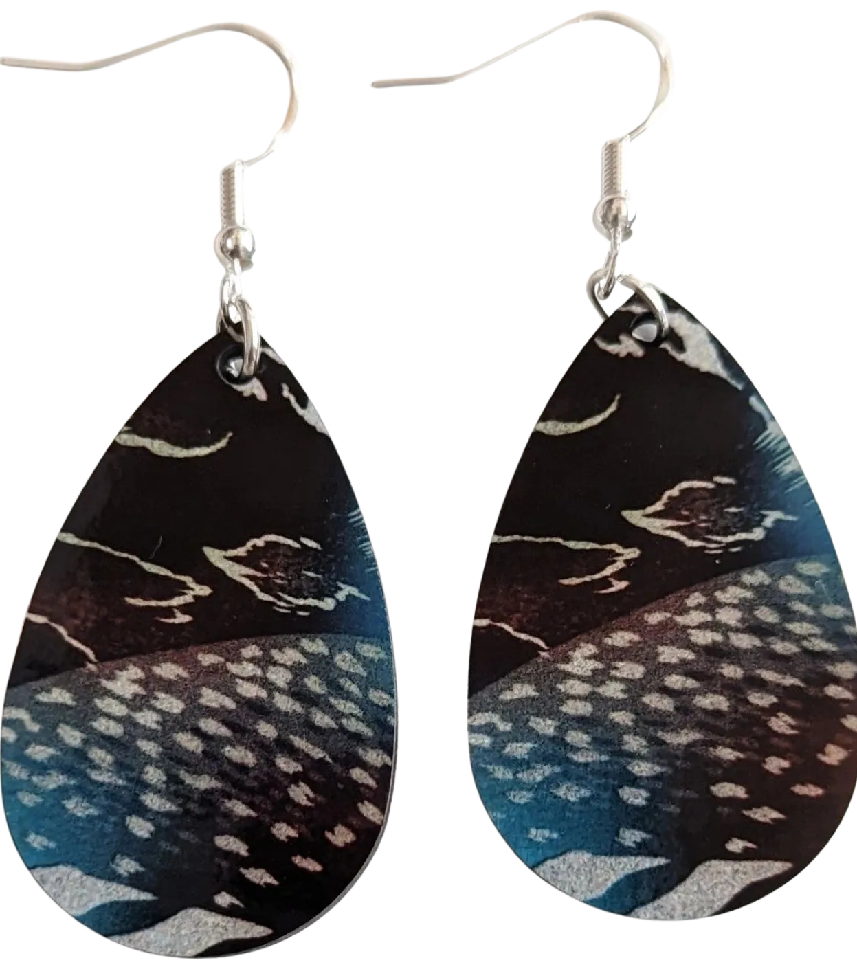 Earrings - Double sided sublimated blue and brown pattern on silver hook