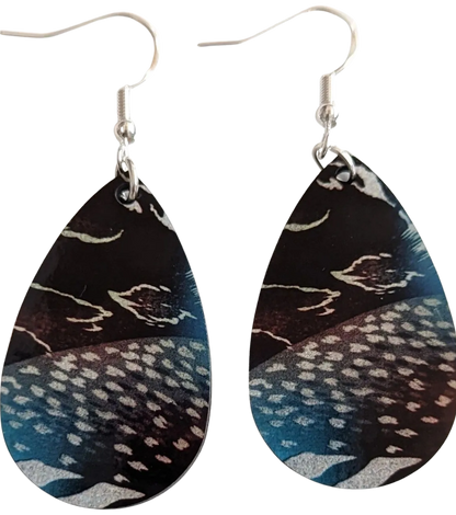 Earrings - Double sided sublimated blue and brown pattern on silver hook