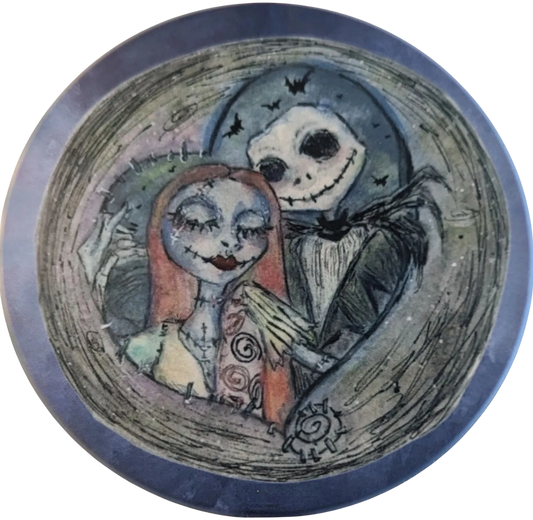 Coaster - Round ceramic coaster (The Nightmare Before Christmas Sally & Jack in a heart)