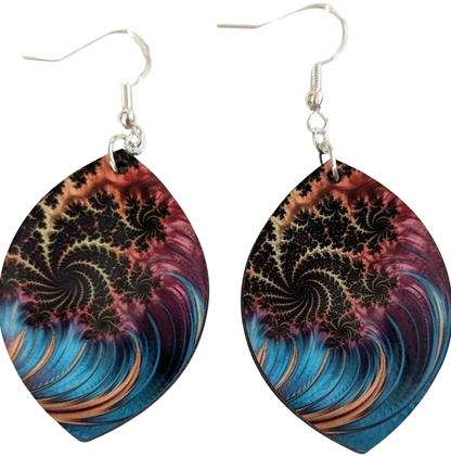 Earrings - Double sided sublimated leaf shape with abstract leopard feather image on hook