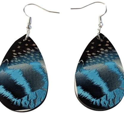 Earrings - Double sided sublimated blue and brown pattern on silver hook