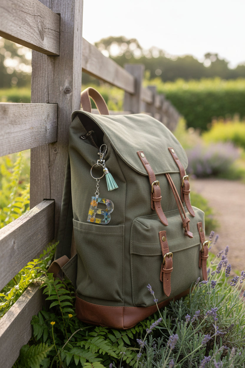 Keychain with letter 'B' and floral design on a backpack
