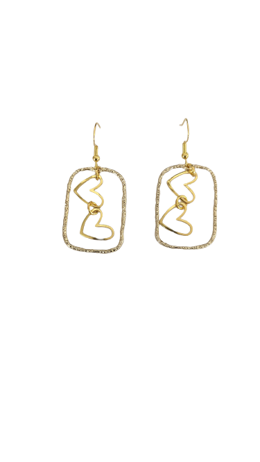 Earrings - Golden geometric rectangle with 18K gold plated heart charms on hook