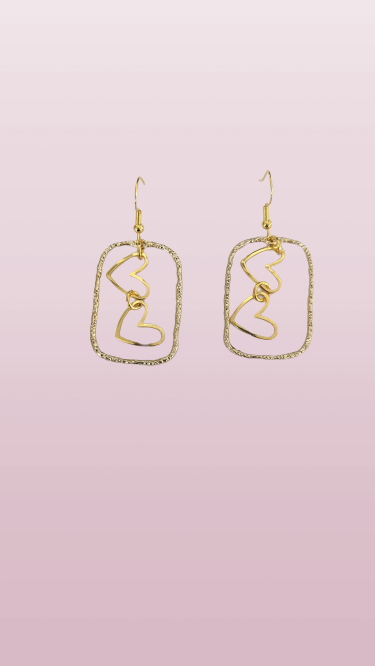 Earrings - Golden geometric rectangle with 18K gold plated heart charms on hook