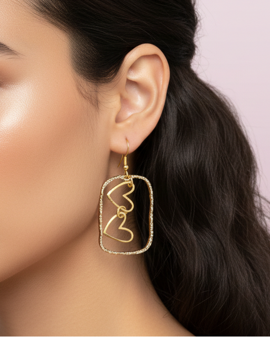 Earrings - Golden geometric rectangle with 18K gold plated heart charms on hook