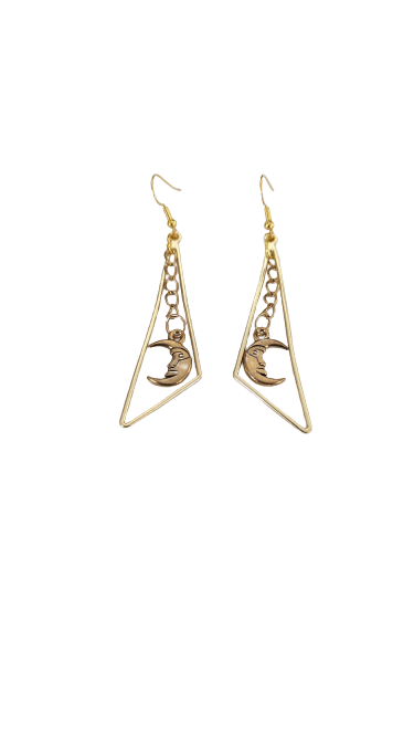 Earrings - Golden geometric triangle with moon on hook