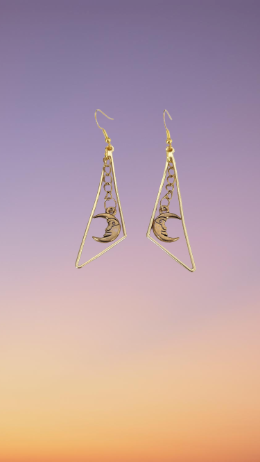 Earrings - Golden geometric triangle with moon on hook