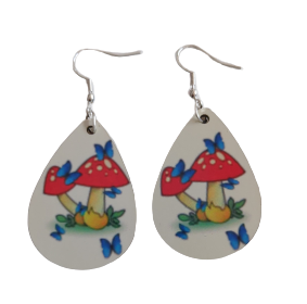 Earrings - Double sided sublimated mushrooms with butterflies image on silver hook