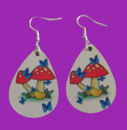 Earrings - Double sided sublimated mushrooms with butterflies image on silver hook