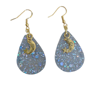 Earrings - Resin teardrop with gold charm on hook