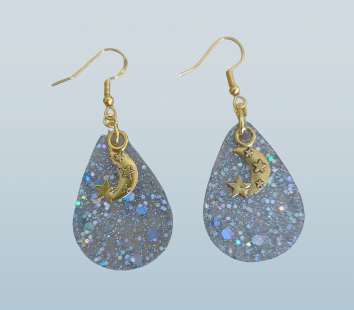 Earrings - Resin teardrop with gold charm on hook