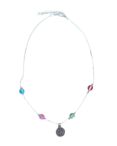 Necklace - 18 inches silver plated brass copper beading snake flat chain wtih glass color beads and tree of life charm