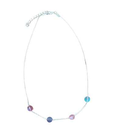 Necklace - 17 inches silver plated brass copper beading snake flat chain with glass color beads and silver small curved tubes