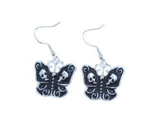 Earrings - Butterfly with skull faces on hook