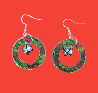 Earrings - Resin wreath with jingle bell on hook