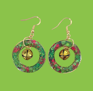 Earrings - Resin wreath with jingle bell on hook