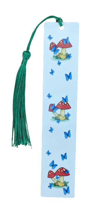 Bookmark - Sublimated double sided tassel bookmark (red mushrooms, blue butterflies)