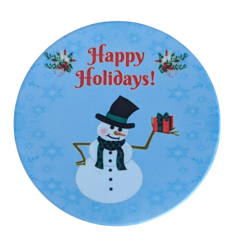 Coaster - Round ceramic coaster (Happy Holidays! - Snowman)