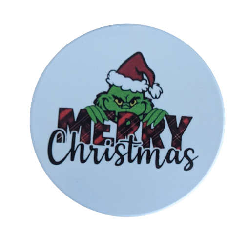 Coaster - Round ceramic coaster (Merry Christmas - Grinch)