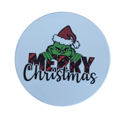 Coaster - Round ceramic coaster (Merry Christmas - Grinch)