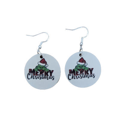 Earrings - Round double sided sublimated Merry Christmas Grinch on silver hook