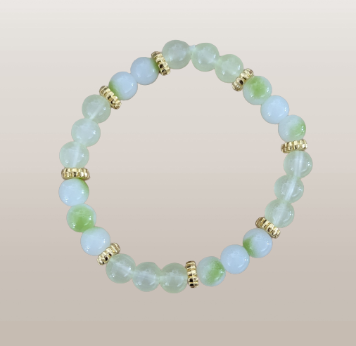 Bracelet - Elastic Green & White 8mm glass beads with gold metal spacer beads