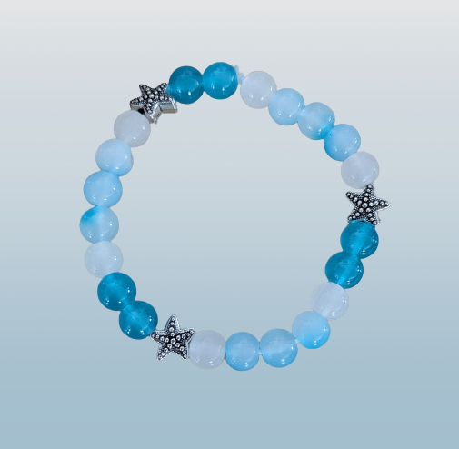 Bracelet - Elastic Blue & White 8mm glass beads with starfish silver metal spacer beads