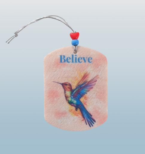 Car Ornament - Double sided rectangle round top and bottom "Believe"