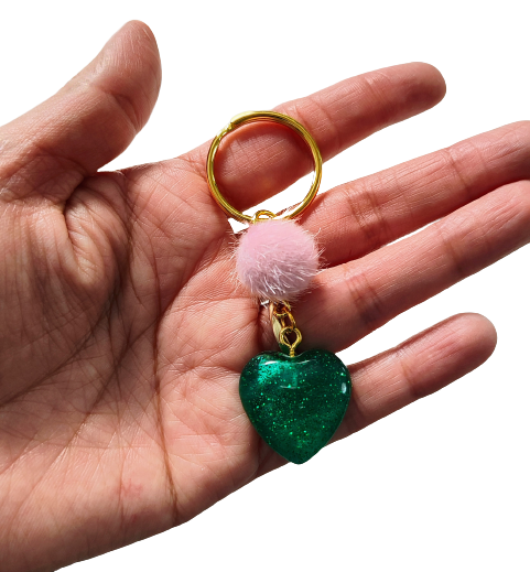 Keychain - Resin small heart with pom pom