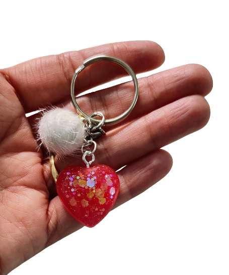 Keychain - Resin small heart with pom pom