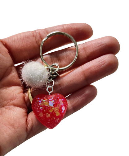 Keychain - Resin small heart with pom pom