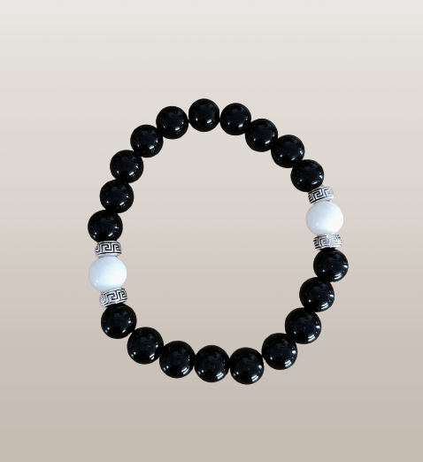 Bracelet - Elastic Black & White 8mm glass beads with silver metal spacer beads